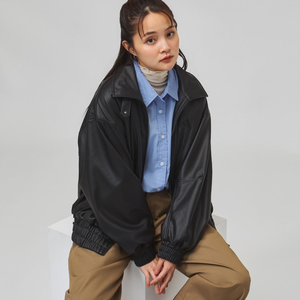 スタジアム フェイクレザー ルーズフィット ジャケット adidas (アディダス) ブラック