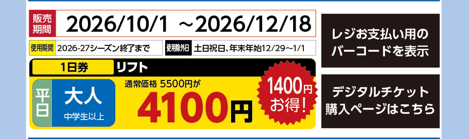 JAM福井勝山マウンテンリゾート　券種：平日 大人 リフト １日券　販売期間：46446まで　金額：4100