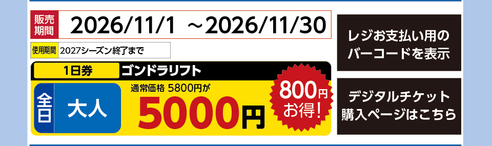函館七飯スノーパーク　券種：全日 大人 ゴンドラリフト １日券　販売期間：2026/11/30まで　金額：5000