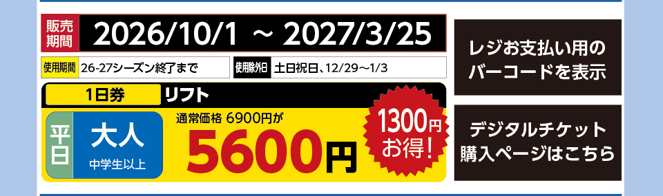 サンメドウズ清里スキー場　券種：平日 大人 リフト １日券　販売期間：2027/3/25まで　金額：5600