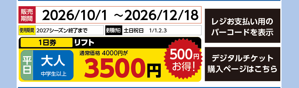スカイバレイスキー場　券種：平日 大人 リフト １日券　販売期間：2026/12/24まで　金額：3500