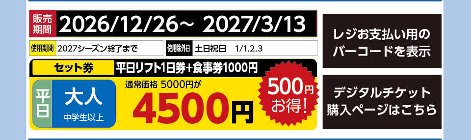 スカイバレイスキー場　券種：平日 大人 平日リフト1日券+食事券1000円 　販売期間：46459まで　金額：4500