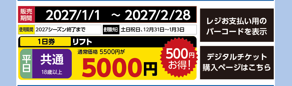 恐羅漢スノーパーク　券種：平日 共通 リフト １日券　販売期間：まで　金額：5000