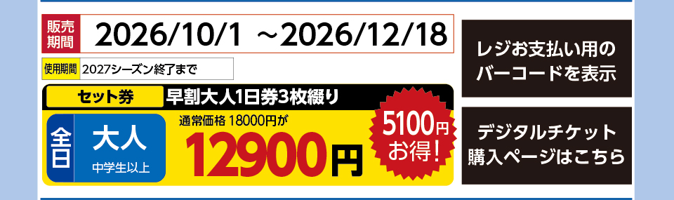 竜王スキーパーク　券種：全日 大人1日券3枚綴り【早割】 　販売期間：46374まで　金額：12900