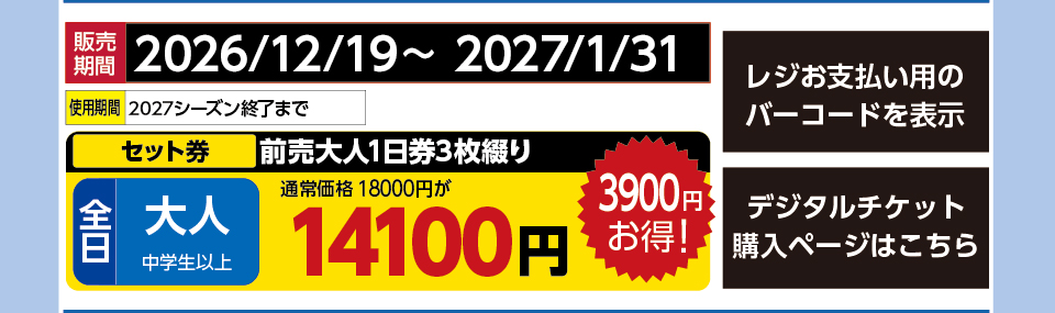 竜王スキーパーク　券種：全日 大人1日券3枚綴り【前売】 　販売期間：46418まで　金額：14100