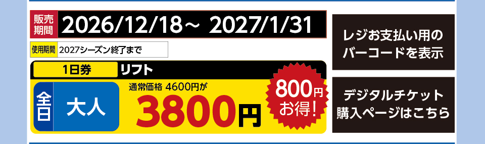 信州松本野麦峠スキー場　券種：全日 大人 リフト １日券　販売期間：2027/3/28まで　金額：3800