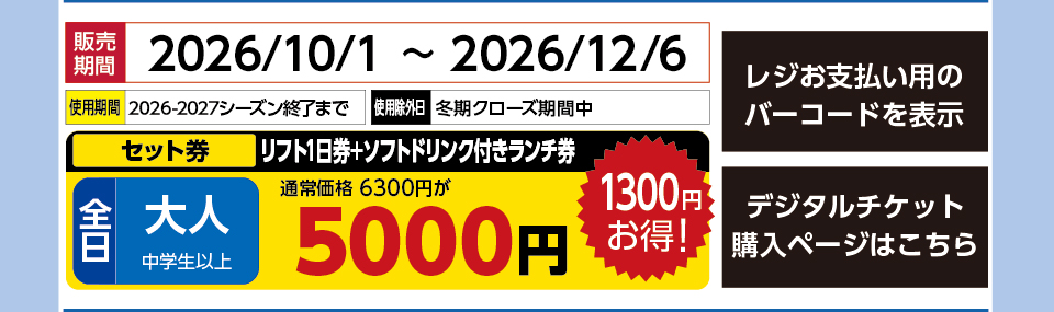 奥只見丸山スキー場　券種：全日 大人ﾘﾌﾄ1日券+ｿﾌﾄﾄﾞﾘﾝｸ付きﾗﾝﾁ券 　販売期間：46362まで　金額：5000