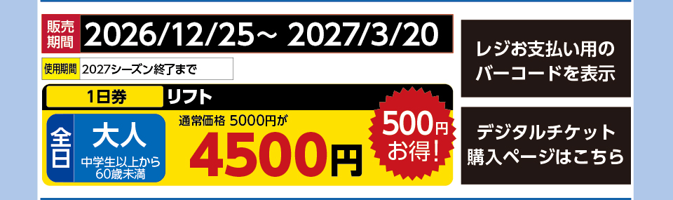 ニュー・グリーンピア津南スキー場　券種：全日 大人 リフト １日券　販売期間：2026/11/30まで　金額：4500