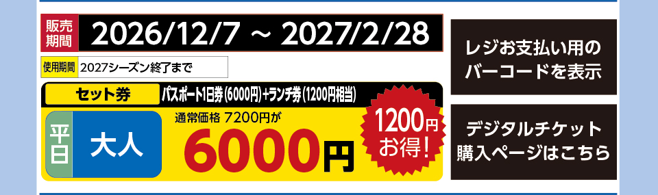 天元台高原　券種：平日 大人 パスポート1日券（6000円）+ランチ券（1200円相当） 　販売期間：2027/2/28まで　金額：6000