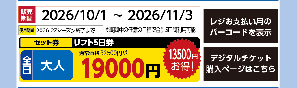 星野リゾート　ネコマ マウンテン　券種：全日 大人 リフト １日券 5日分　販売期間：2026/11/3まで　金額：19000