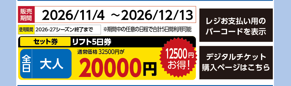 星野リゾート　ネコマ マウンテン　券種：全日 大人 リフト １日券 5日分　販売期間：2026/12/13まで　金額：20000