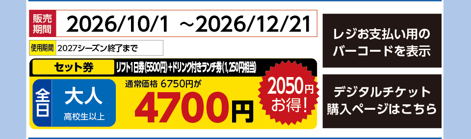 会津高原南郷スキー場　券種：全日 大人 全日共通ﾘﾌﾄ１日券（5500円）＋ﾄﾞﾘﾝｸ付ﾗﾝﾁ券（1,250円相当） 　販売期間：46377まで　金額：4700